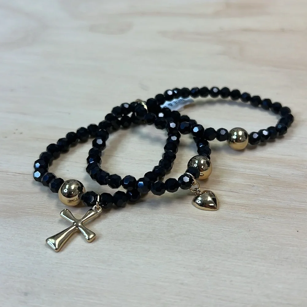 Set of 3 Black Spinel Bracelets with 18K Gold Plated Charms